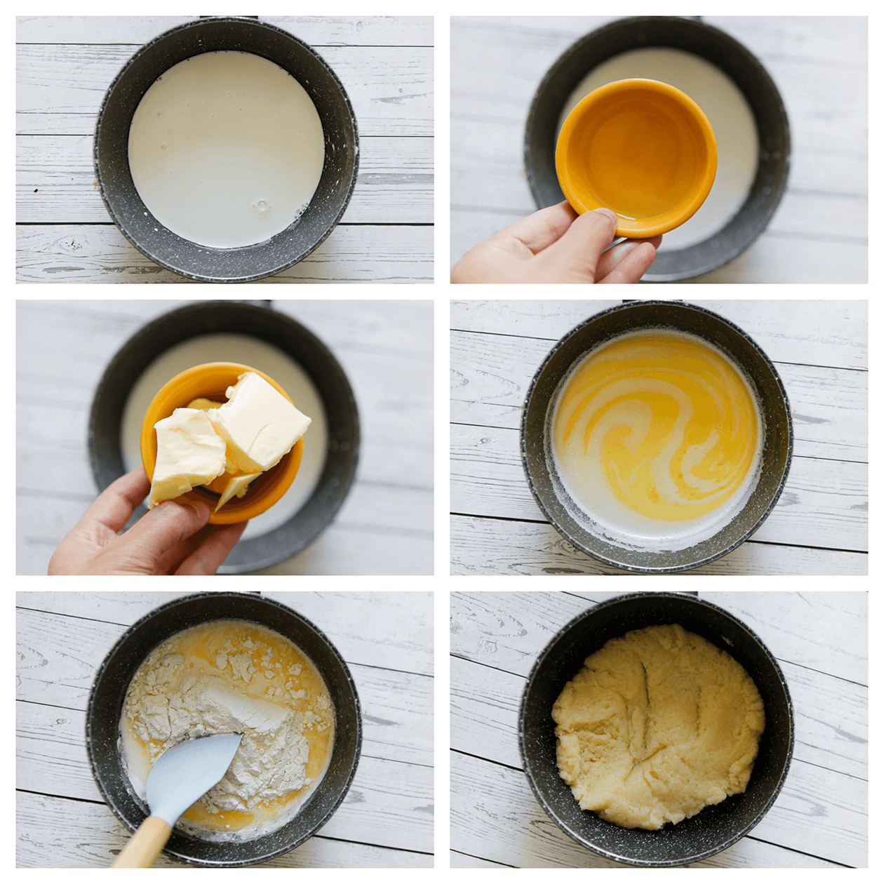 Melk opwarmen met boter en mengen tot een geheel