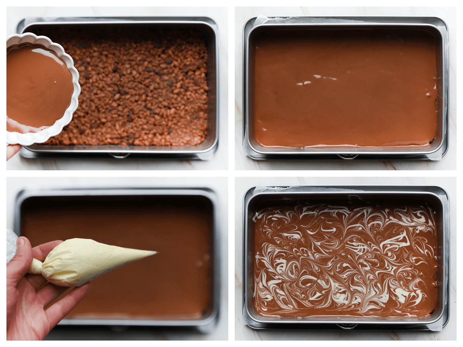 Melkchocolade verdelen over een bakvorm en garneren met witte chocolade tot een marmer effect