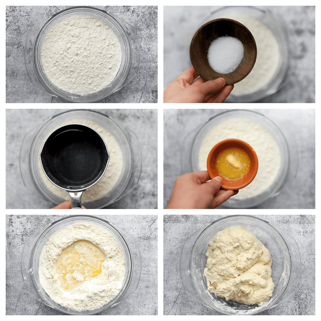 Doe de bloem, het zout en suiker in een kom. Maak een gat in het midden. Voeg de gesmolten roomboter en het water toe. Kneed 5 minuten. 