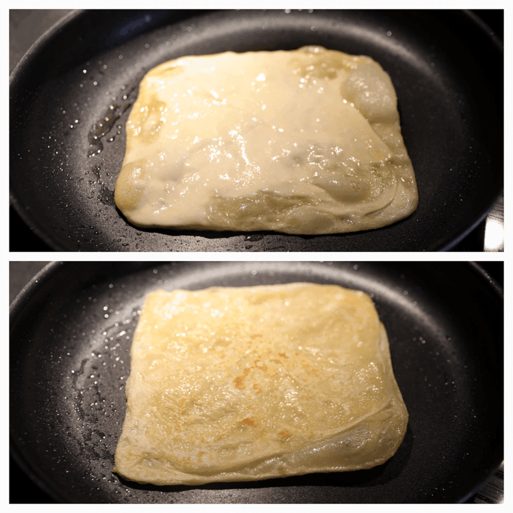 Leg de vierkante msmen in een koekenpan (met dikke bodem) en bak 30 seconden. Draai de msmen om. Bak de msmen één tot anderhalve minuut. Maak telkens een draaibeweging met je handen zodat de msemen egaal kleurt. Draai de msmen weer om en bak 1 minuut of tot het gaar is. Herhaal de werkwijze.