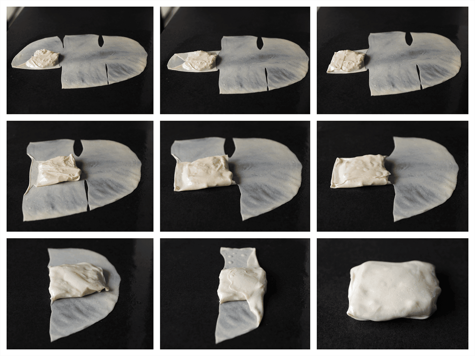 Msmen met kaas dichtvouwen tot een vierkant pakketje