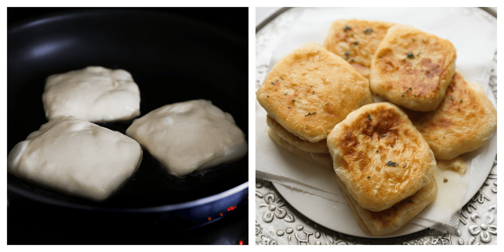 Msmen met kaas goudbruin bakken en uit laten lekken op keukenpapier