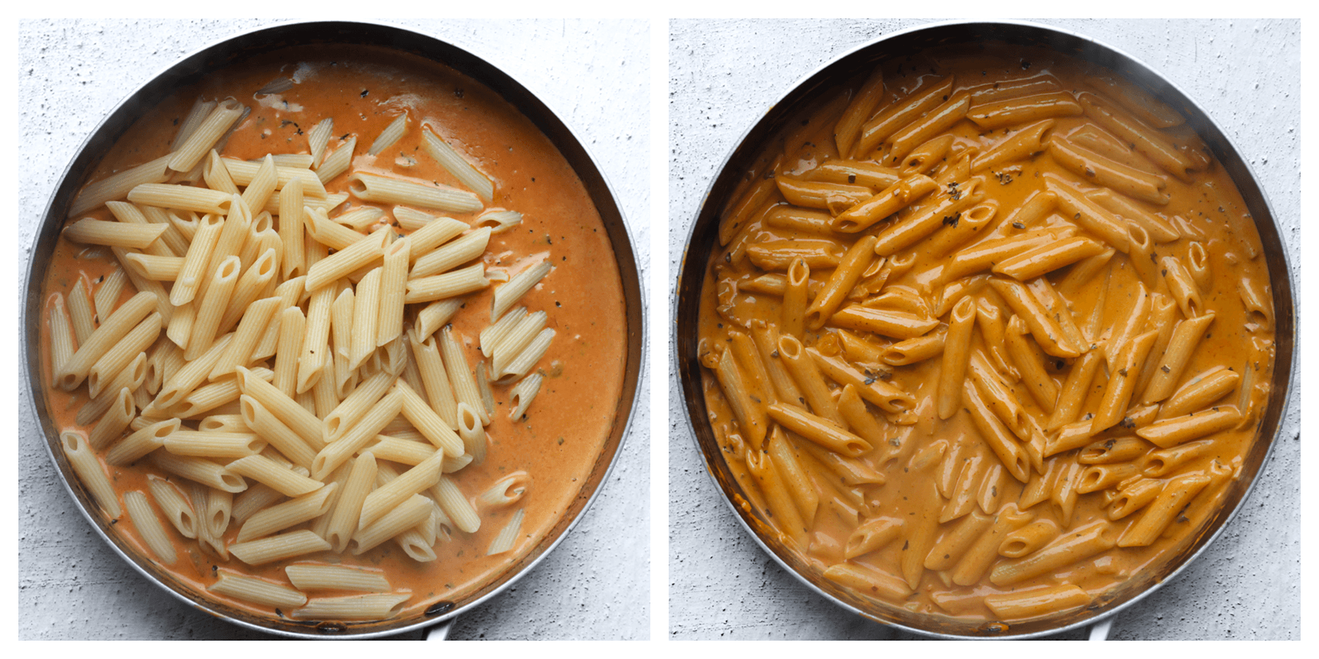 Penne mengen met het cheddarmengsel tot een geheel