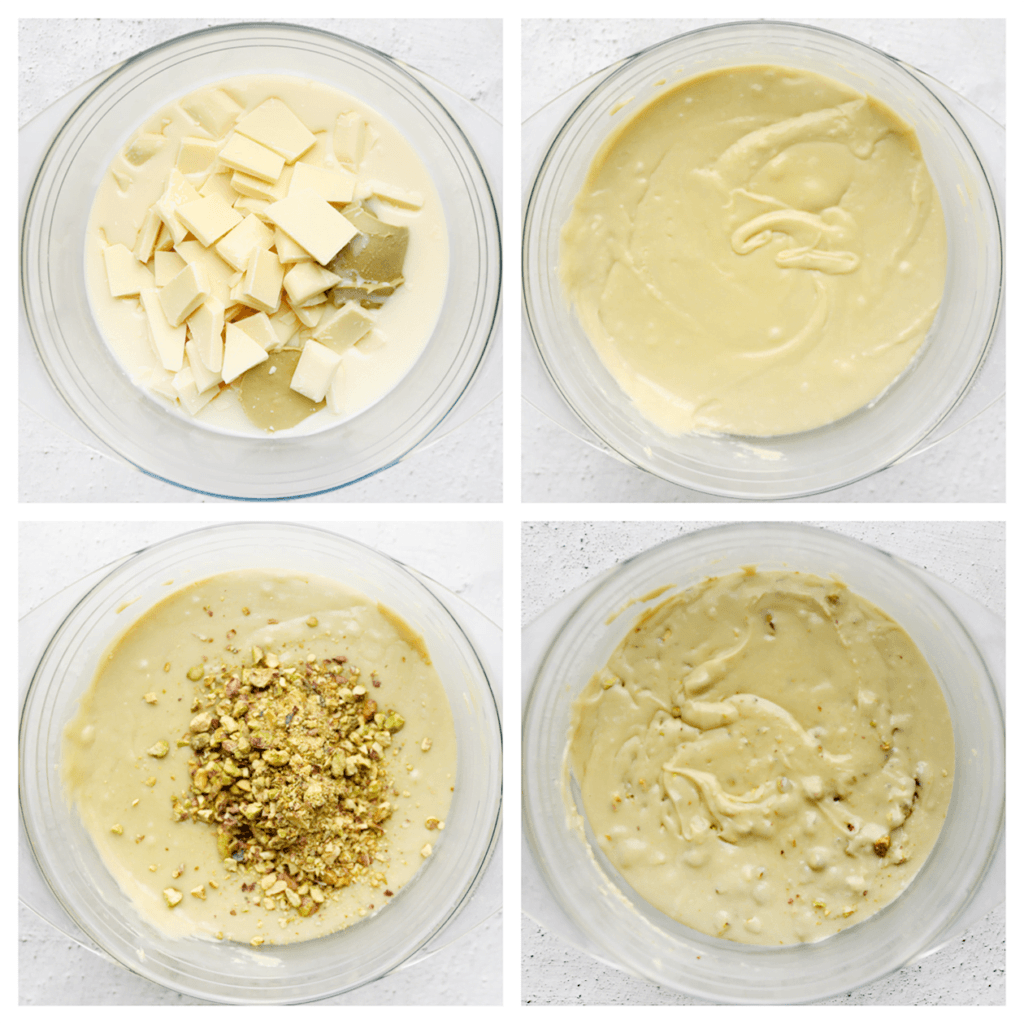 Breng een laagje water in een steelpan aan de kook en leg er een diepe kom op. Voeg de stukgemaakte witte chocolade, gecondenseerde melk en pistachepasta toe. Smelt au bain marie. Haal voorzichtig de kom van de steelpan en voeg de gehakte pistachenoten toe. Meng goed.