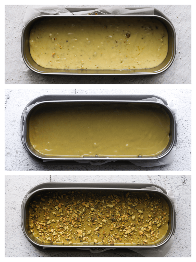 Neem een bakvorm en leg er een vel bakpapier op. Verdeel de pistachefudge over de bakvorm. Voeg de pistachepasta toe en verdeel gelijkmatig. Garneer met gehakte pistachenoten. Leg een paar uur, afgedekt, in de koelkast om op te stijven of tot de fudge goed stevig is.