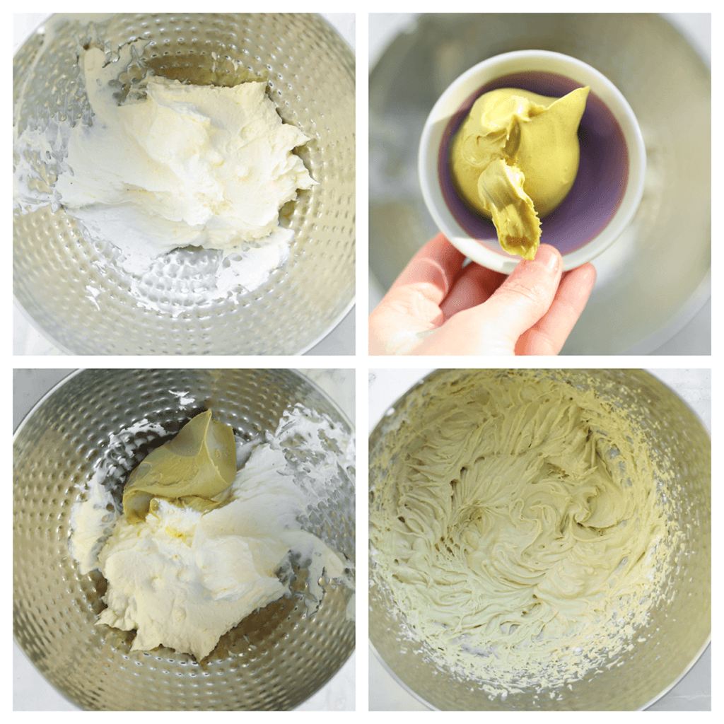 Doe een deel van de room (250 g) in een aparte kom en voeg de pistachepasta (125 g) toe. Mix tot een geheel.