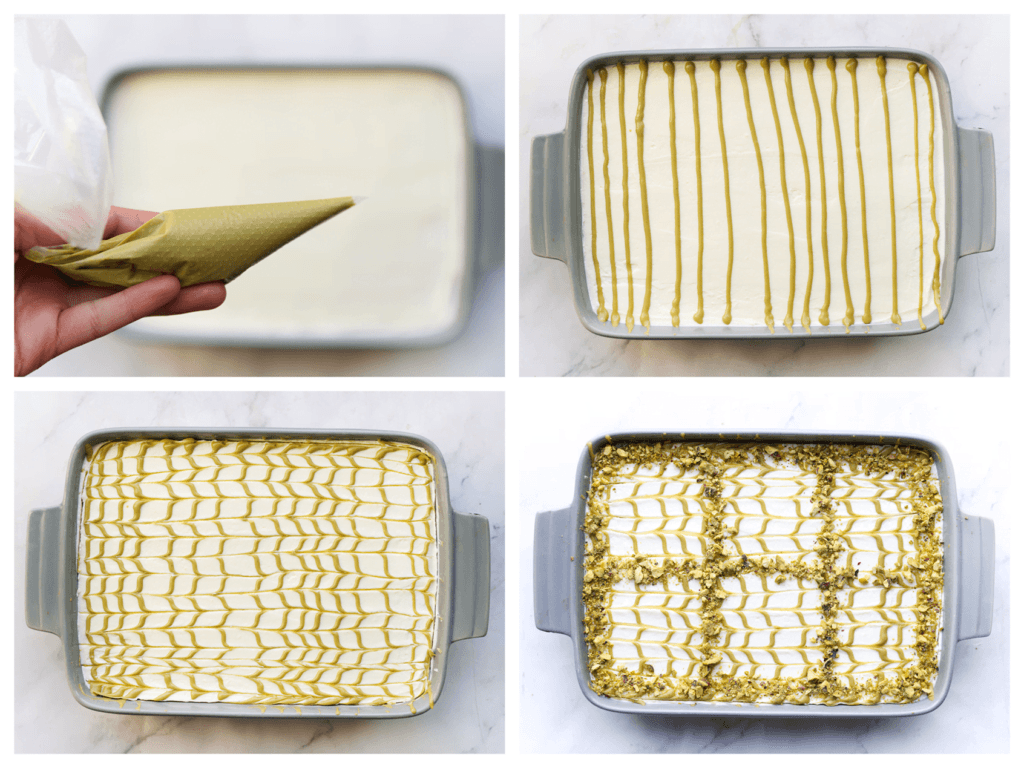 Spuit er lijntjes op van pistachepasta. Gebruik een satéprikker om de lijnen sierlijk te maken. Leg het pistache dessert, afgedekt, in de koelkast om op te stijven. Het liefst een nachtje. Garneer met lijntjes van pistachenootjes.