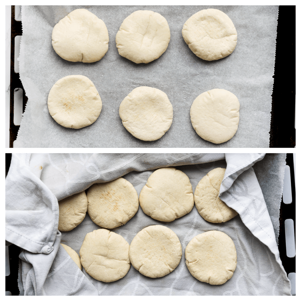 Besprenkel de pitabroodjes met water. Zet de broodjes in een voorverwarmde oven op 220 ℃. Bak 5-7 minuten. Haal de pitabroodjes voorzichtig uit de oven en leg er een schone theedoek op.