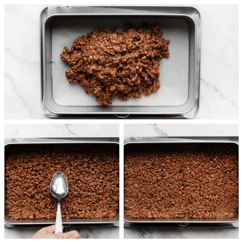 Schep het rice-krispiemengsel over een springvorm. Druk goed aan.