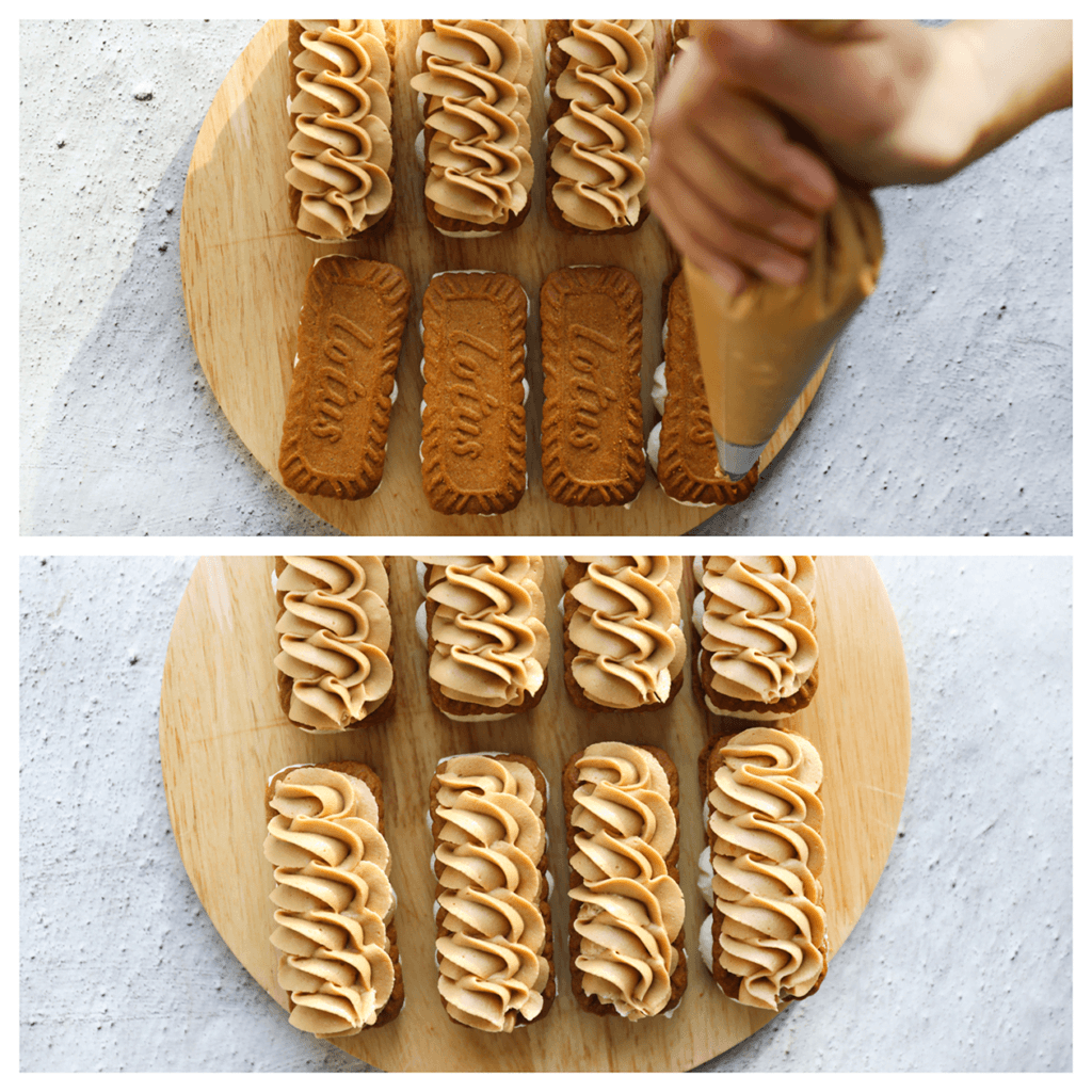 Spuit de speculoosroom over het bovenste koekje. Leg de desserts, afgedekt, in de koelkast om op te stijven. Het liefst een nachtje, dan zijn ze heerlijk zacht.