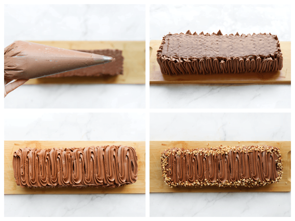 Spuit langs de zijkanten room. Houd de spuitzak nu boven het taartje en decoreer met room. Versier de zijkanten met gehakte hazelnoten. 