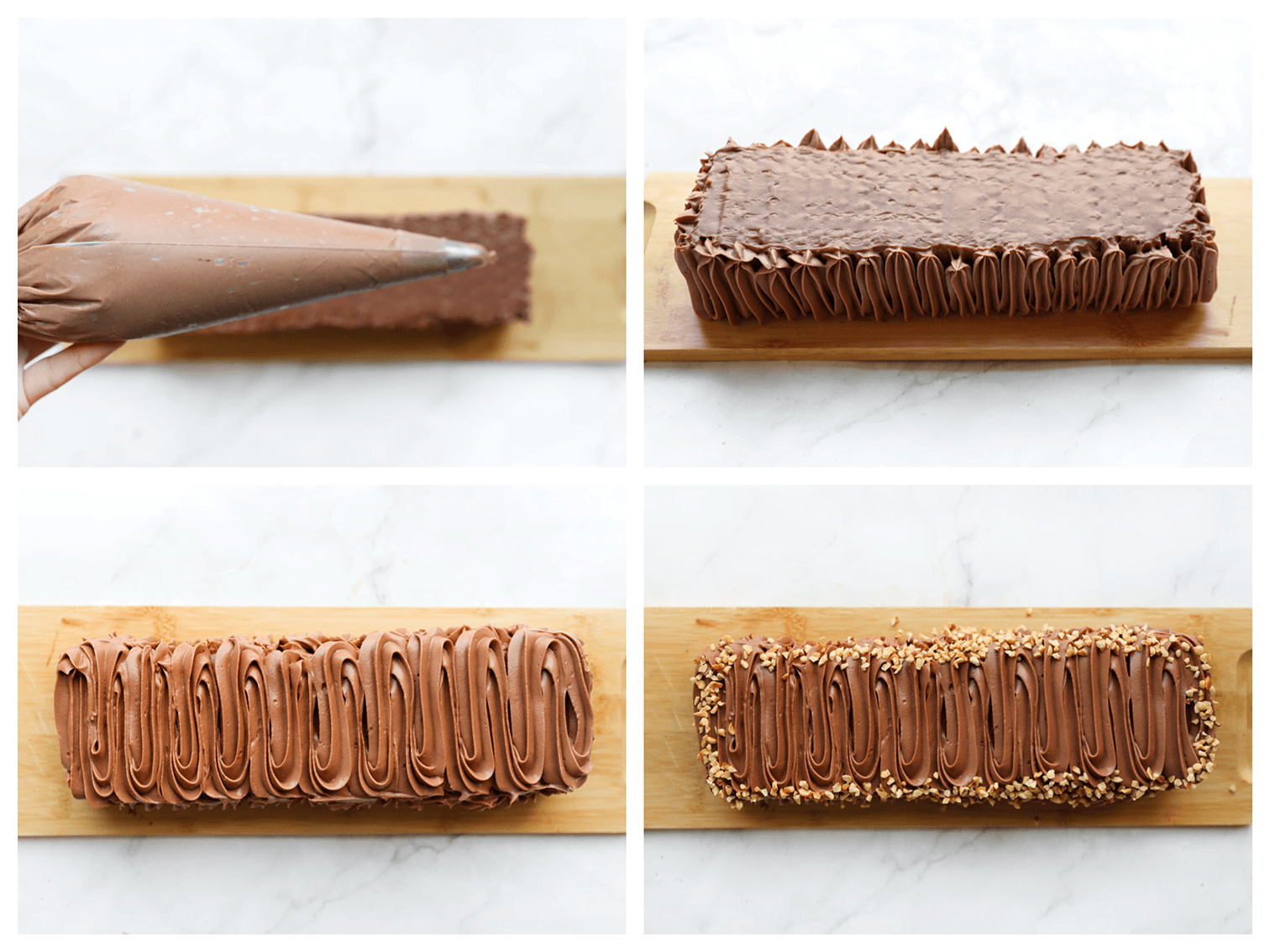 Room spuiten over de taart en garneren met gehakte hazelnoten