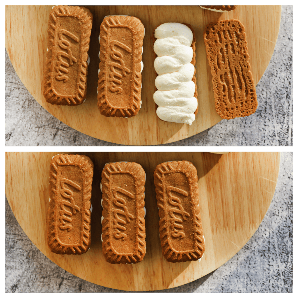 Neem een speculooskoekje en spuit er een laagje slagroom op. Bedek met een speculooskoekje. Herhaal de werkwijze.