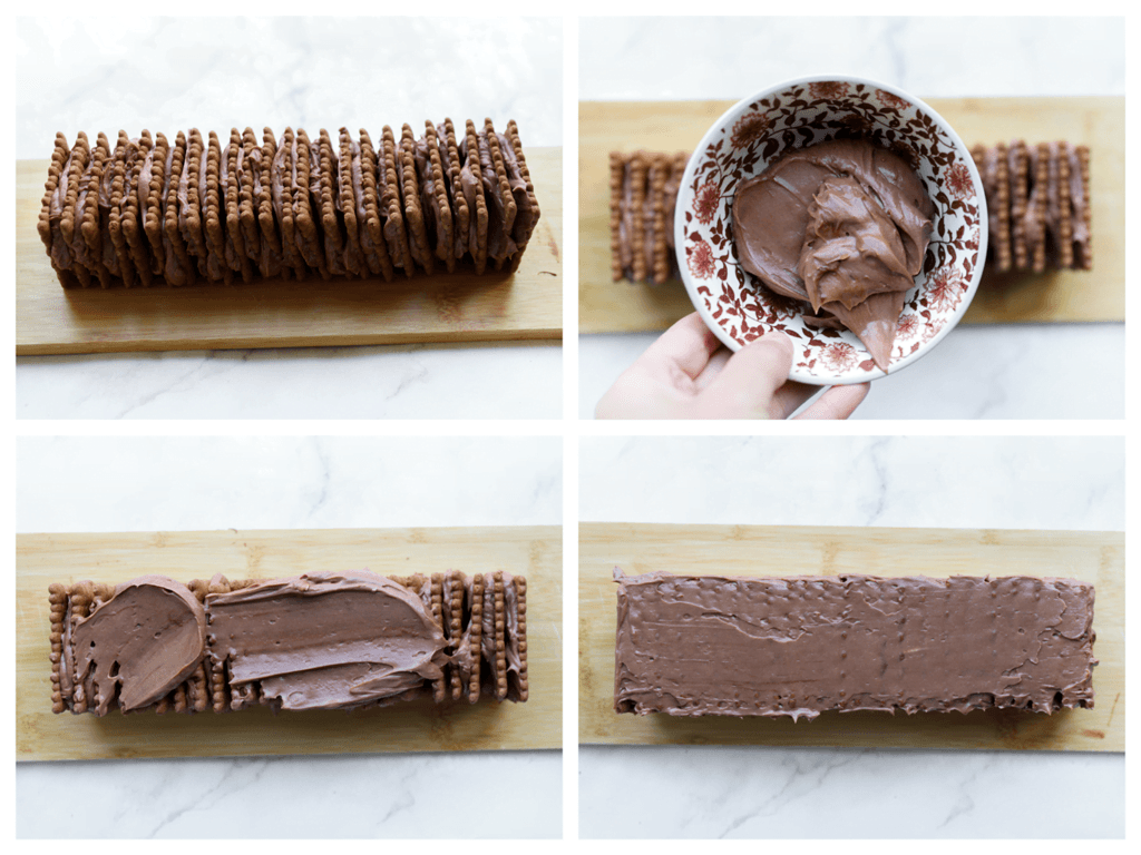 Verdeel de room gelijkmatig uit over de koek en maak deze glad. 