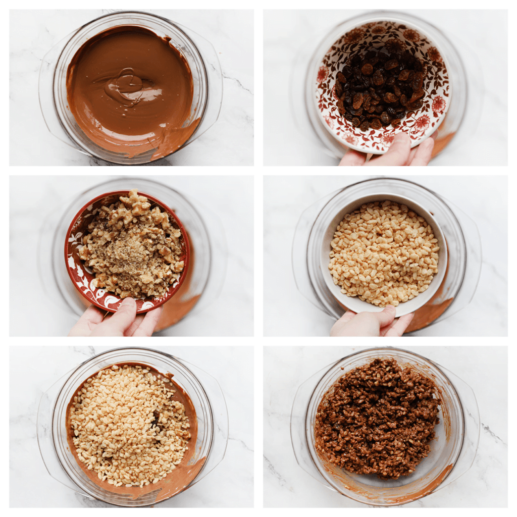 Voeg de rozijnen, walnoten en rice krispies toe. Meng goed.