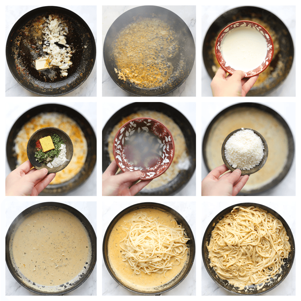 Verhit in dezelfde koekenpan de overige roomboter op middelhoog vuur. Voeg de gele ui toe en bak 4 minuten. Voeg de ongeklopte slagroom, het pastawater, knoflookpoeder, uienpoeder, de cayennepeper, gedroogde peterselie toe, en verkruimel het visbouillonblokje boven de koekenpan. Kook tot de saus is ingedikt. Voeg de Grana Padano toe en meng goed. Voeg als laatst de linguine toe en kook 1-2 minuten mee.