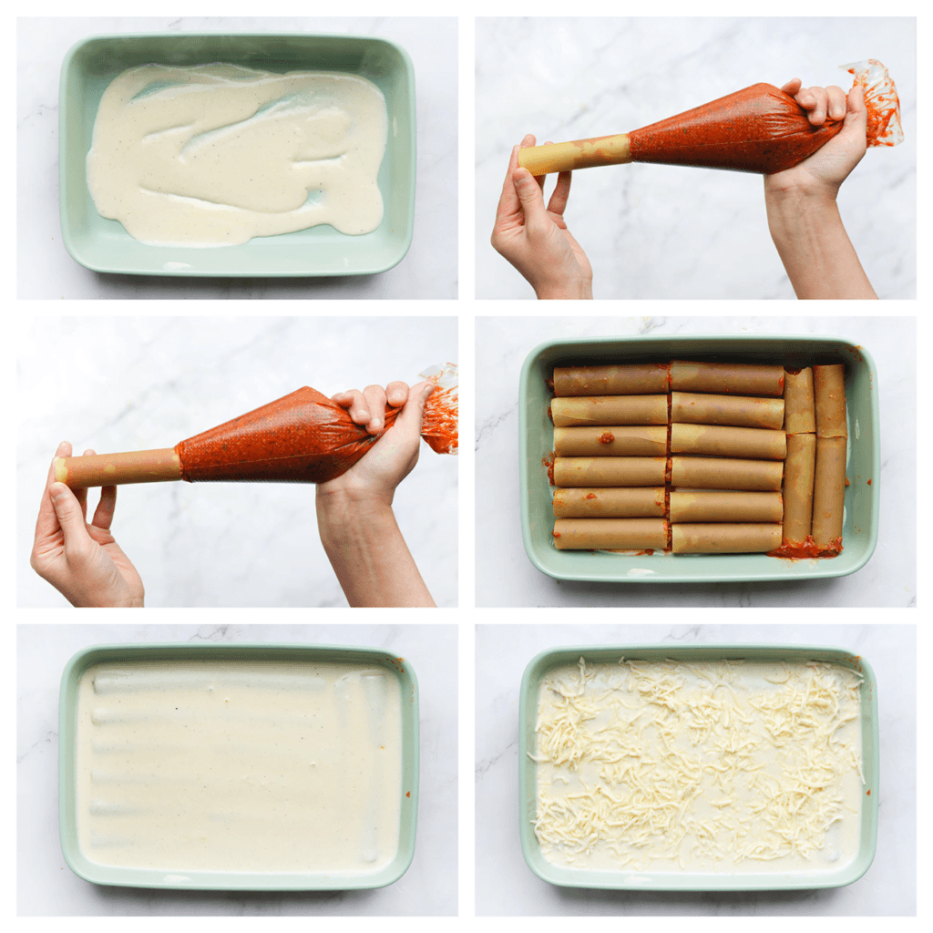 Verdeel een dun laagje bechamelsaus over de ovenschaal. Neem een cannelloni en spuit deze vol met het gehaktmengsel. Leg het buisje neer in de saus. Herhaal de werkwijze. Schep de bechamelsaus erover en bestrooi met geraspte mozzarella.
