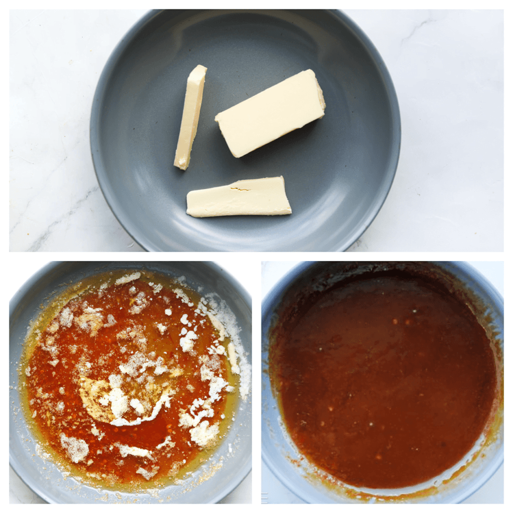 Warm de roomboter samen met de honing, chilisaus en sambal in een koekenpan op laag vuur. Meng goed. 