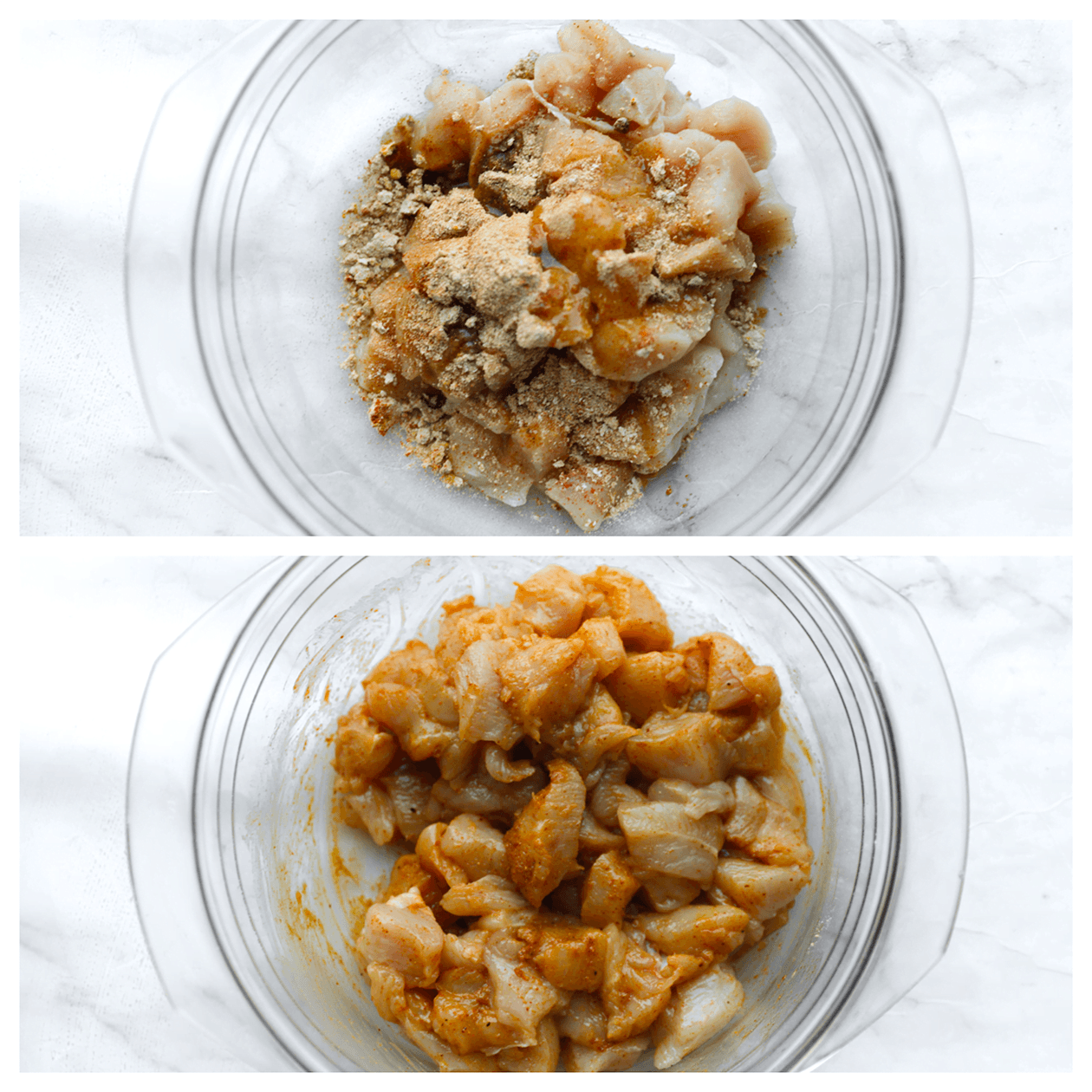 Stukjes kip marineren met verse kruiden in een diepe kom