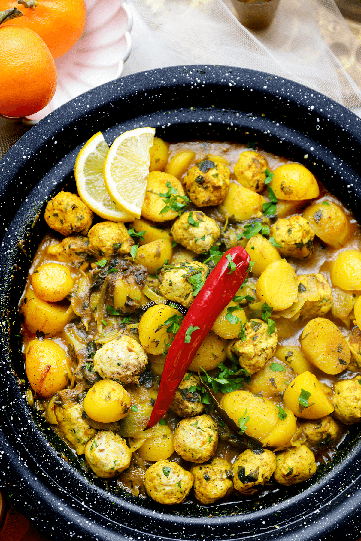 Tajine met aardappels en gehaktballen eindresultaat Kookmutsjes