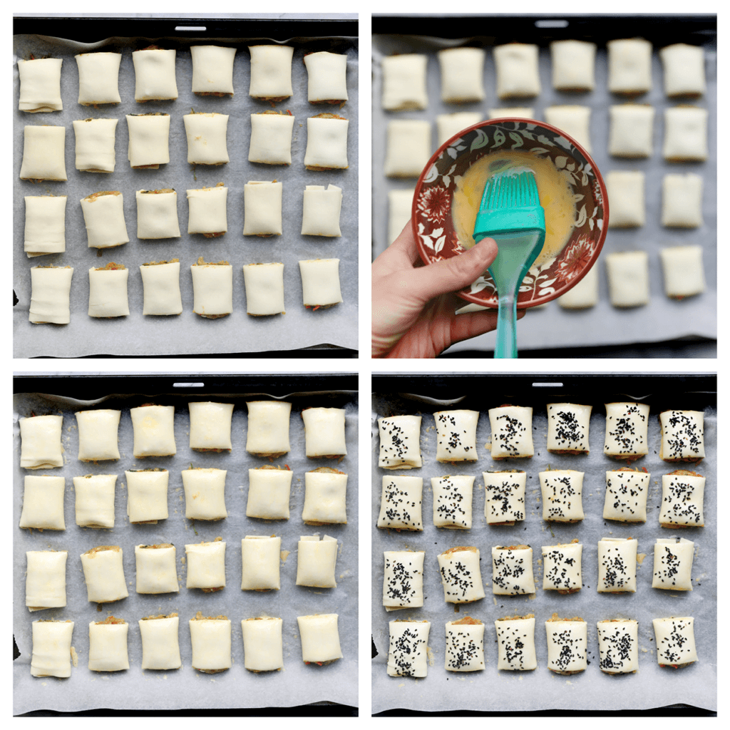 Bestrijk de kiphapjes met het eimengsel en garneer met de sesamzaadjes.