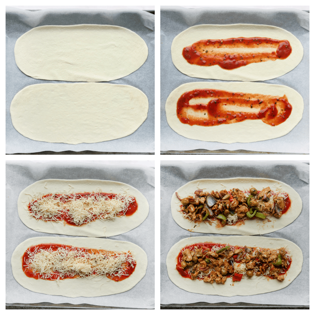 Leg het deeg op een bakplaat met bakpapier. Verdeel de tomatensaus, geraspte kaas en het kipmengsel erover. 