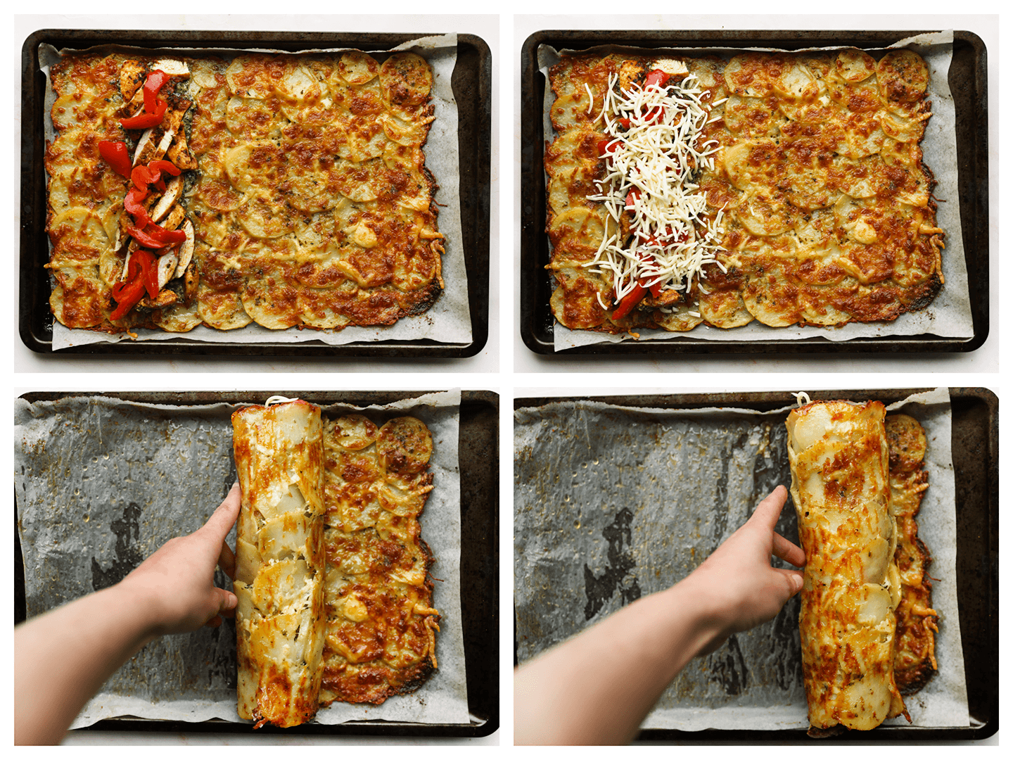 Aardappelmengsel uit de oven halen en vullen met wat kip, groenten en kaas voordat je deze rolt