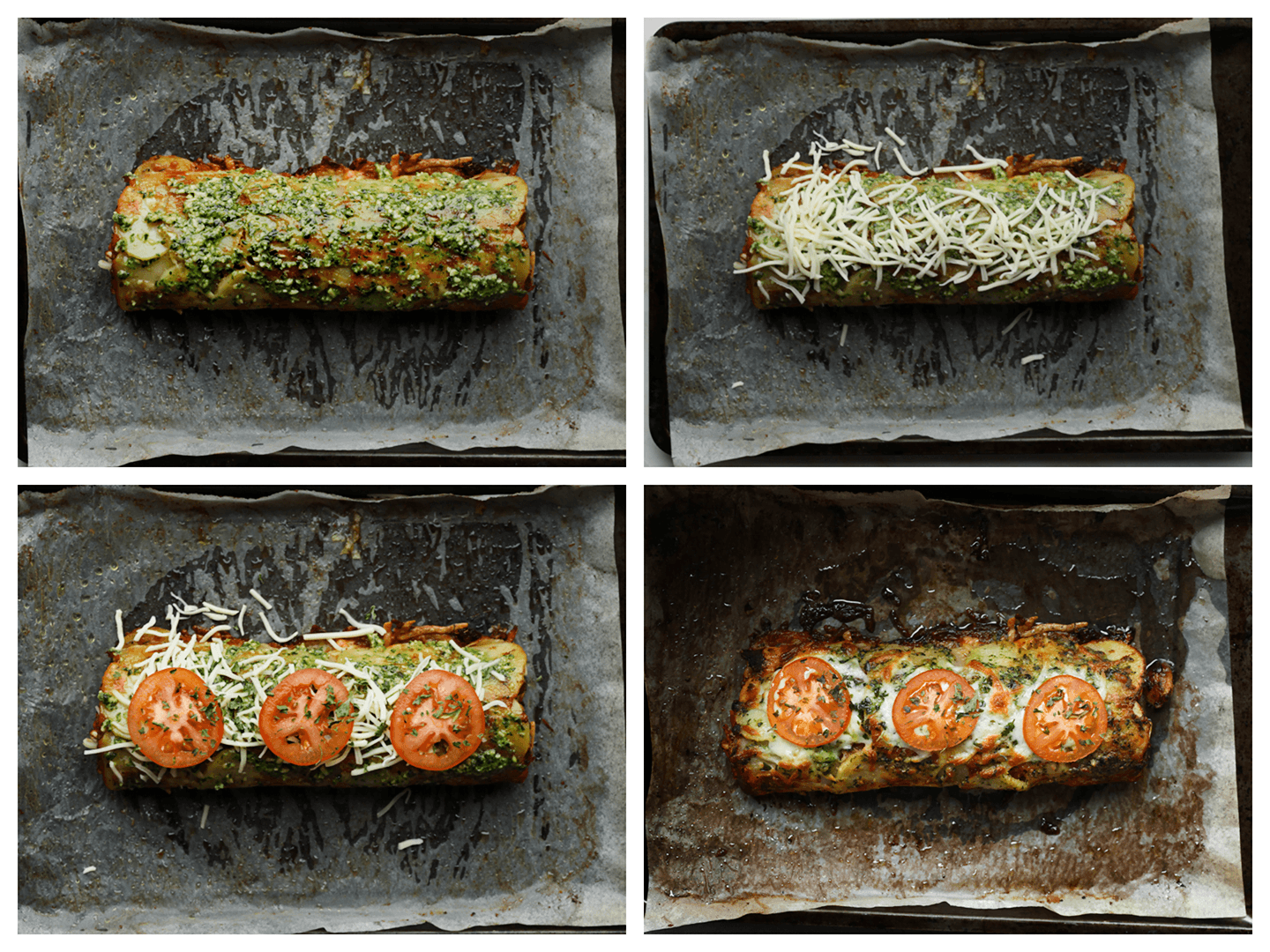 Aardappelrol garneren met groene pesto, kaas en tomaat en dan bakken in de oven