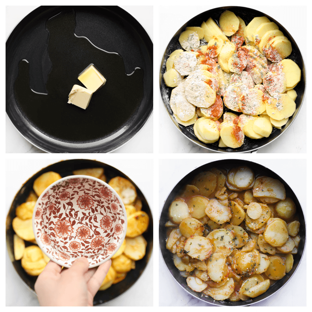 Verhit de roomboter samen met de olijfolie in een koekenpan op middelhoog vuur. Voeg de aardappelschijfjes, het zout, uienpoeder, knoflookpoeder, paprikapoeder, de gedroogde peterselie en cayennepeper toe. Meng goed. Voeg het water toe en kook, afgedekt, 15-20 minuten.