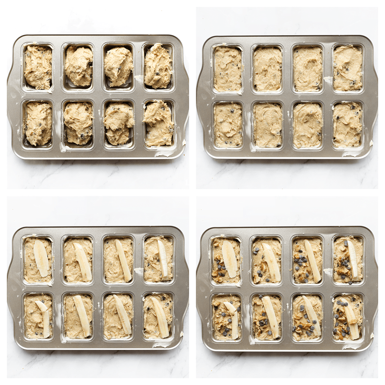 Beslag van de bananenbrood verdelen over een bakvorm en garneren