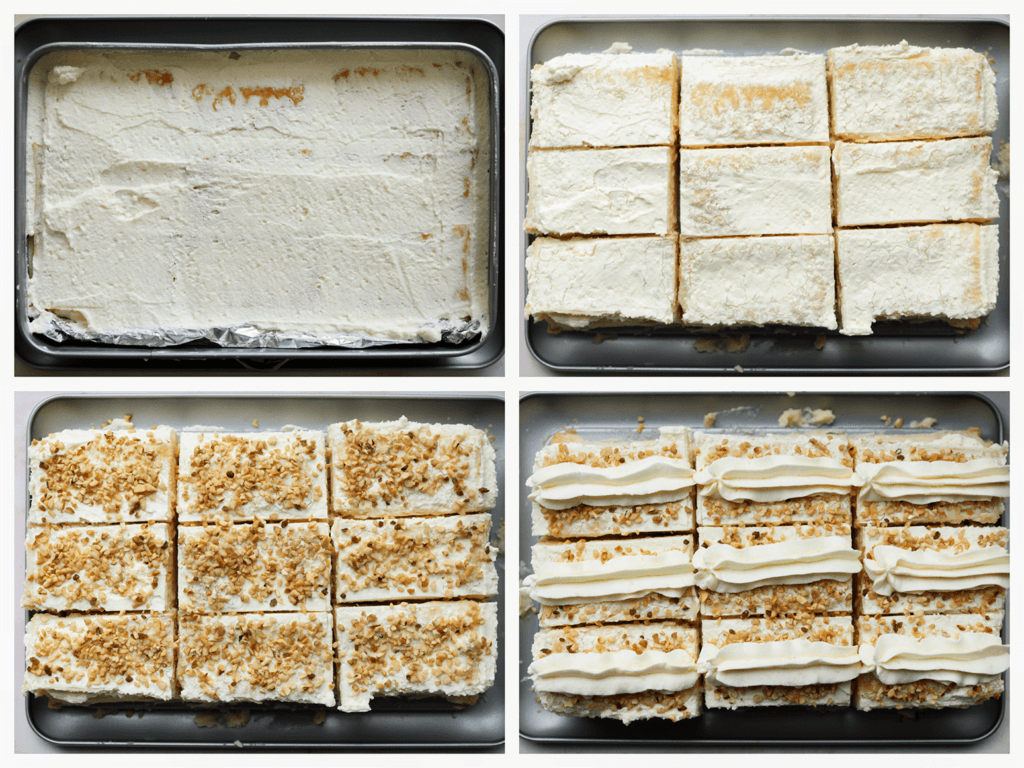 Snijd de tompouce in stukken. Garneer met gehakte hazelnoten/nougatine en room.