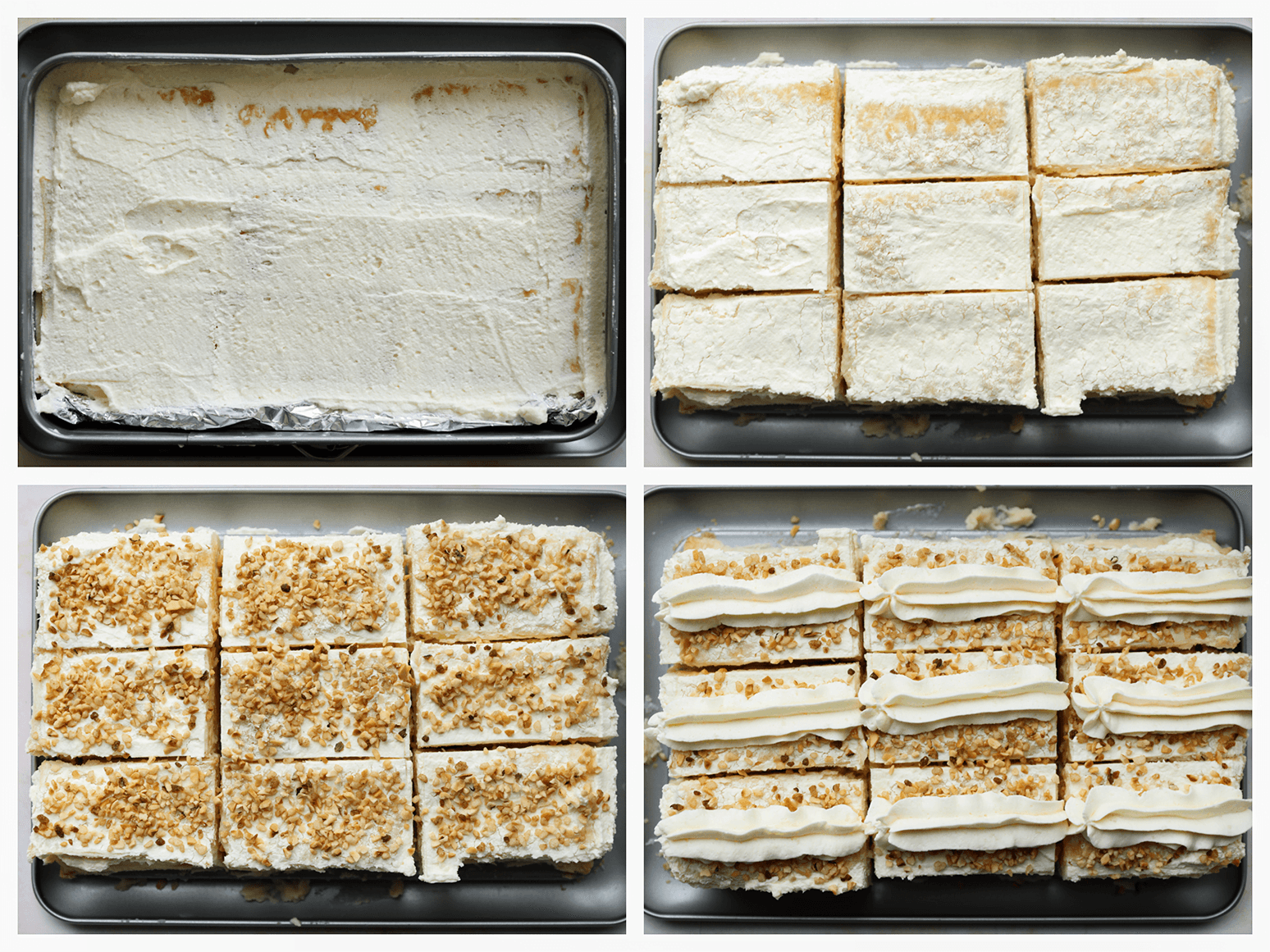 Bladerdeeg met room in stukken snijden en garneren met nootjes en room