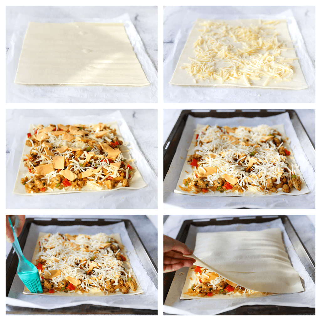 Neem een vel bladerdeeg en leg deze op een bakplaat met bakpapier. Verdeel de geraspte kaas en het kipmengsel erover, laat de randen leeg. Bestrijk de zijkanten met het ei. Leg er nog een vel bladerdeeg op.