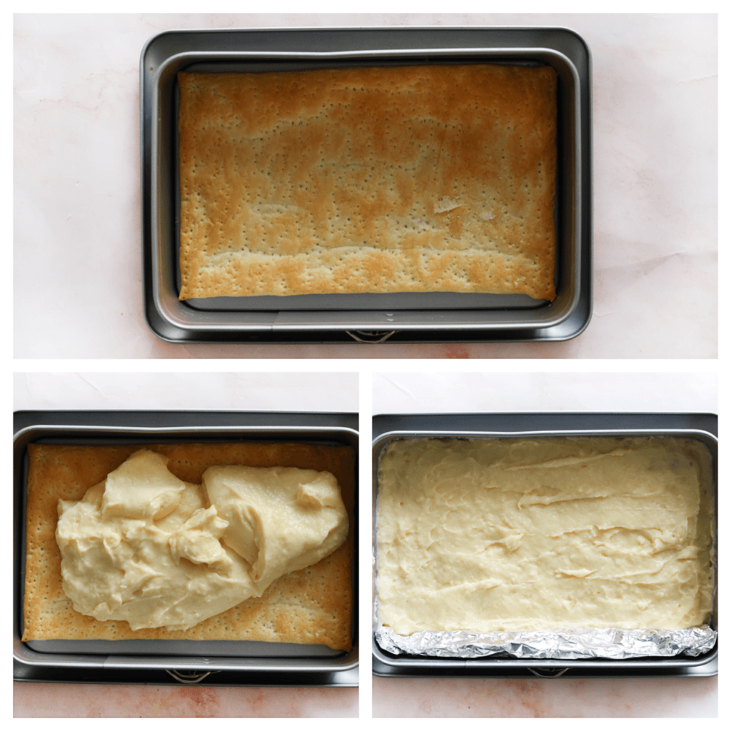 Doe het bladerdeeg in een bakvorm. Verdeel de gele room erover en smeer goed uit.