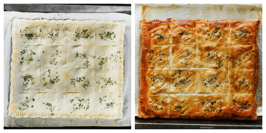 Zet de bladerdeegtaart in een voorverwarmde oven op 190 ℃. Bak 20-25 minuten of tot het mooi goudbruin is gekleurd.