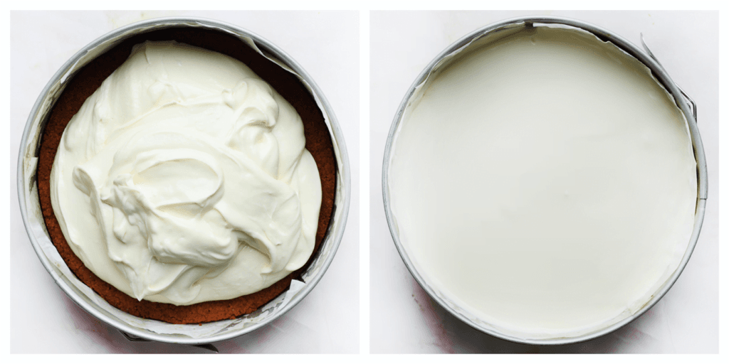 Vet de bakvorm goed in en leg er een vel bakpapier neer. Voeg het cheesecakebeslag toe.