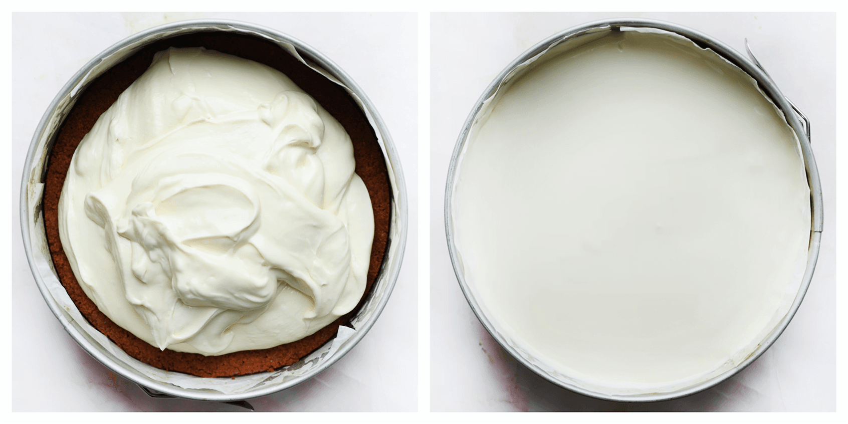 Cheesecakebeslag gelijkmatig over het koekjesdeeg verdelen