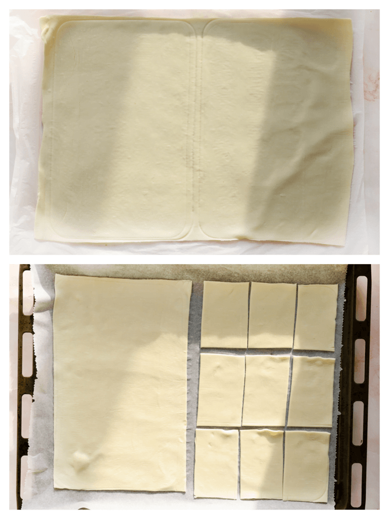 Neem het bladerdeeg en leg deze op een bakplaat met bakpapier. Snijd het bladerdeeg door 2. Snijd één helft van het bladerdeeg in 9 gelijke stukken.