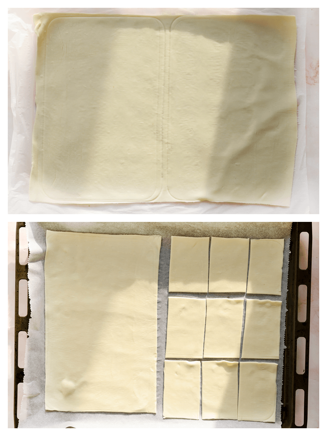 Bladerdeeg snijden in stukken