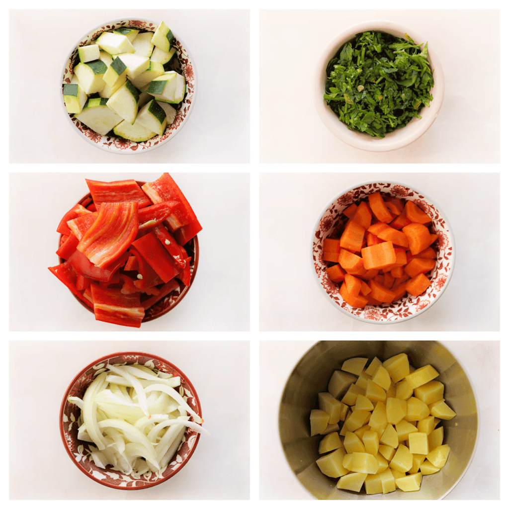 Schil en snijd de aardappels in blokjes. Snijd de courgette, rode puntpaprika en wortel in stukken. Pel en snipper de gele ui. Hak de peterselie fijn.