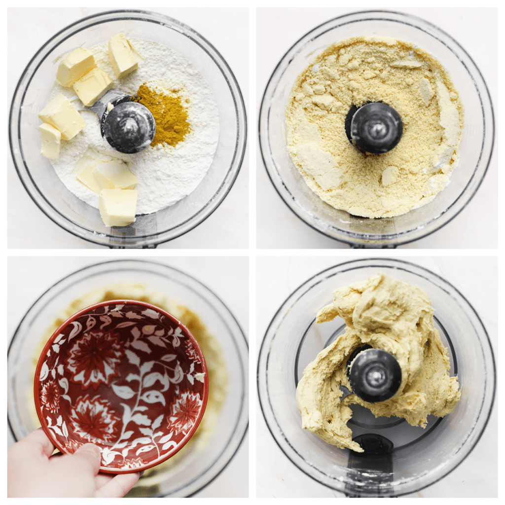 Doe de bloem samen met de roomboter, het zout, de kurkuma, garam masala in een hakmolen. Maal fijn. Voeg het water toe en mix tot een geheel.