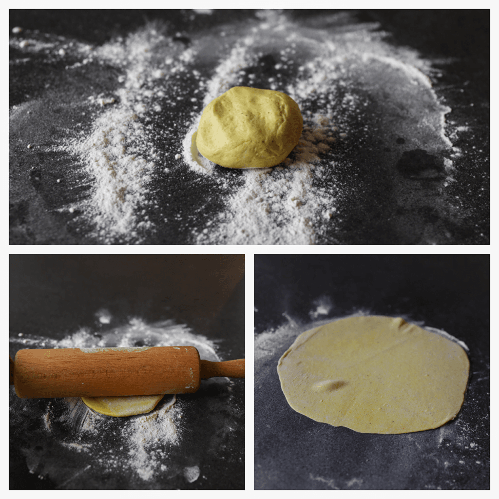 Neem een bolletje deeg en leg deze op een met bloem bestoven werkplek. Met een deegroller rol je het deeg uit tot een dunne lap deeg van 20 cm. Strooi er wat geraspte kaas over als je hier van houdt. Voeg het gehaktmengsel toe (95 gr). Maak de randen vochtig met water. Vouw het deeg dubbel en maak deze goed dicht met je vingertoppen.