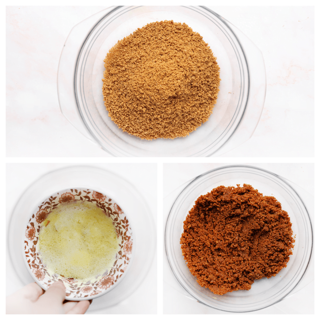 Doe de fijngemalen speculooskoek in een diepe kom en voeg de gesmolten roomboter toe. Meng tot een geheel.