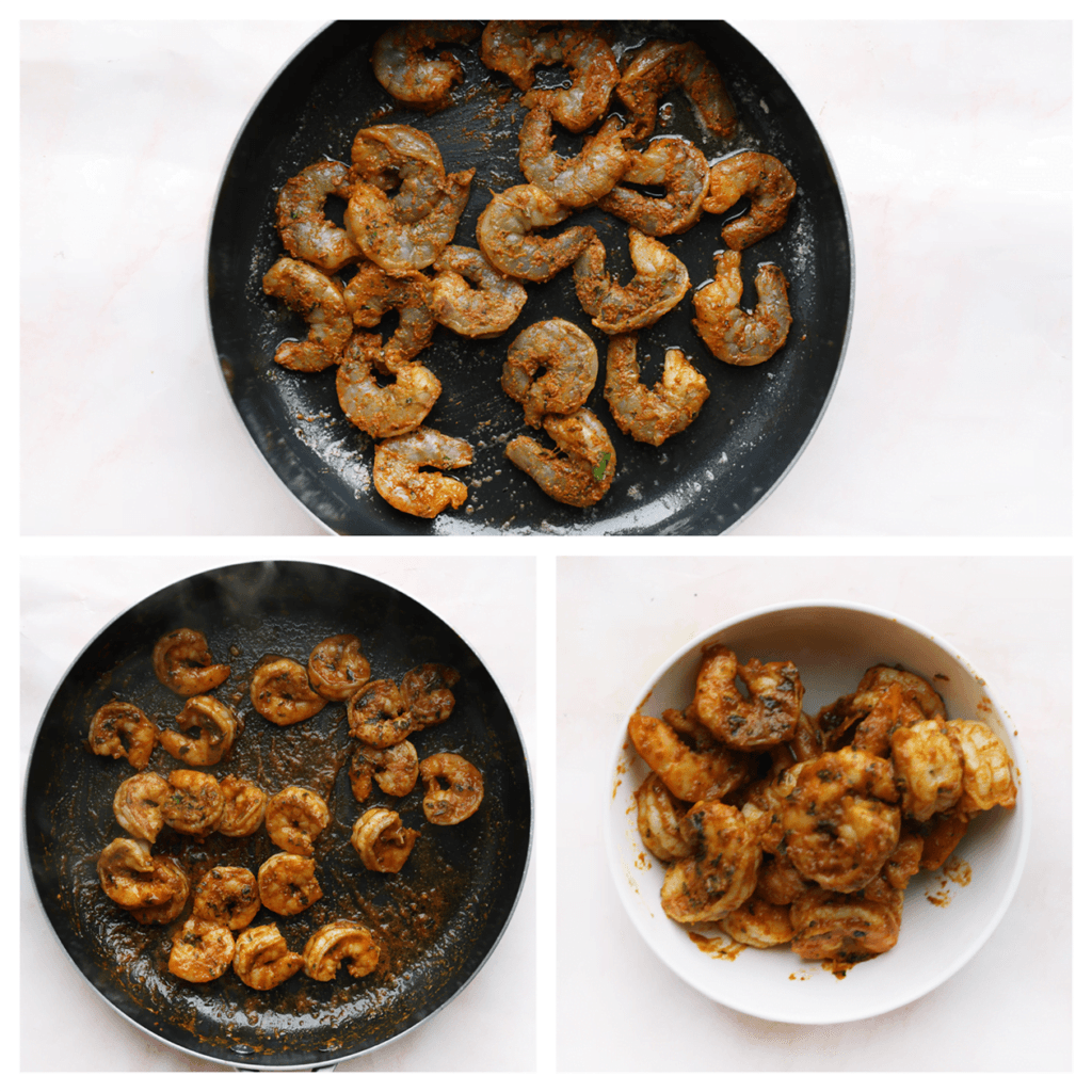 Verhit de roomboter in een koekenpan op middelhoog vuur. Bak de garnalen aan beide kanten gaar. Schep de garnalen uit de pan.