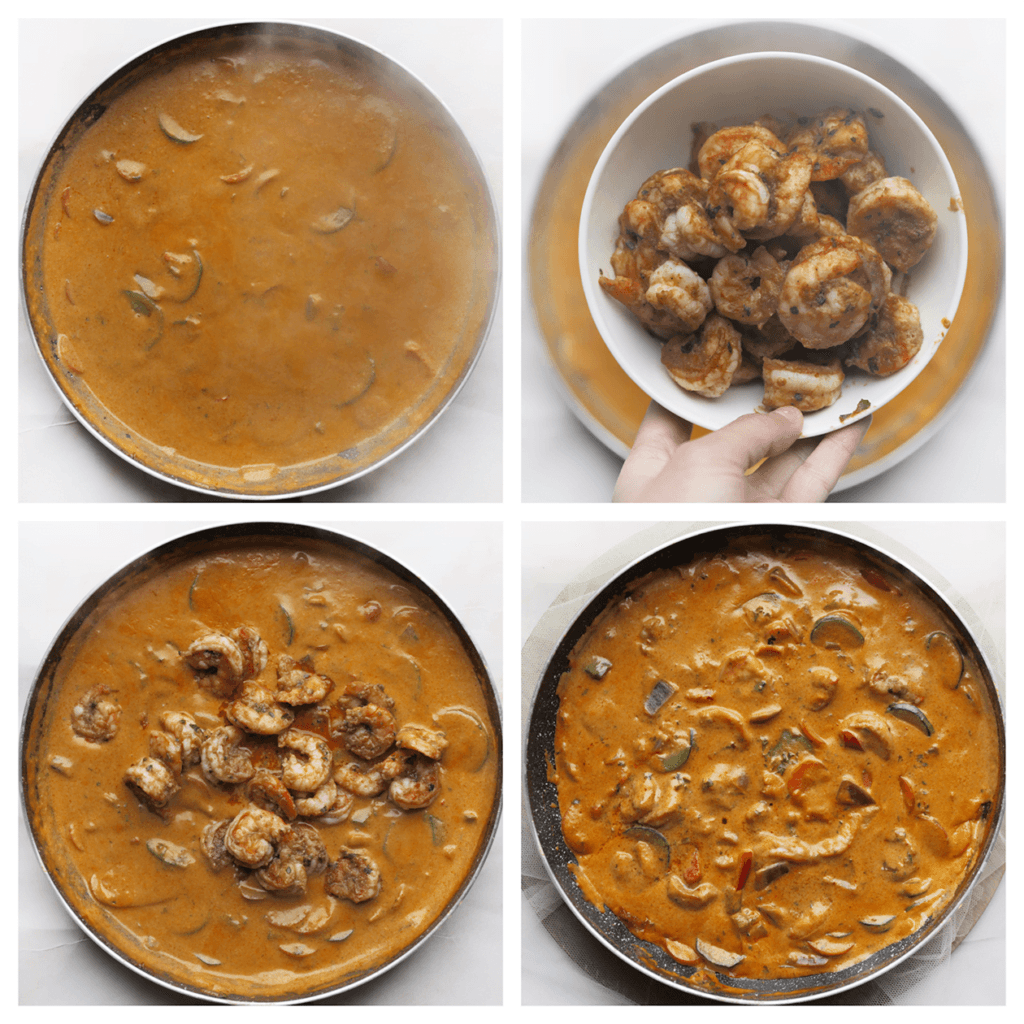 Voeg de garnalen toe aan de rode curry en meng goed. Kook 1-2 minuten.