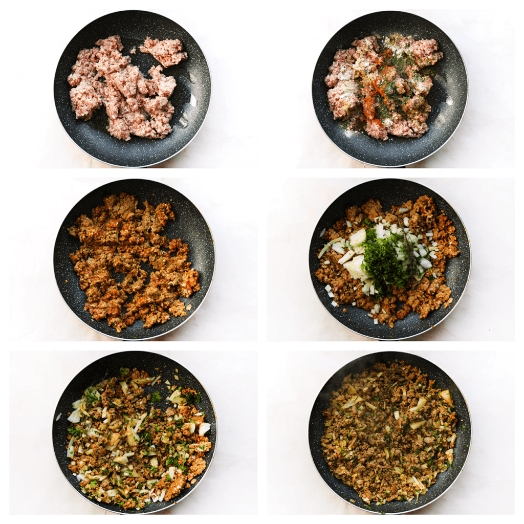 Verhit de olijfolie in een koekenpan op middelhoog vuur. Voeg het gehakt, zout, knoflookpoeder, uienpoeder, de Italiaanse kruiden, paprikapoeder en cayennepeper toe. Meng goed. Voeg de gele ui, peterselie en rozemarijn toe. Bak 6-8 minuten.