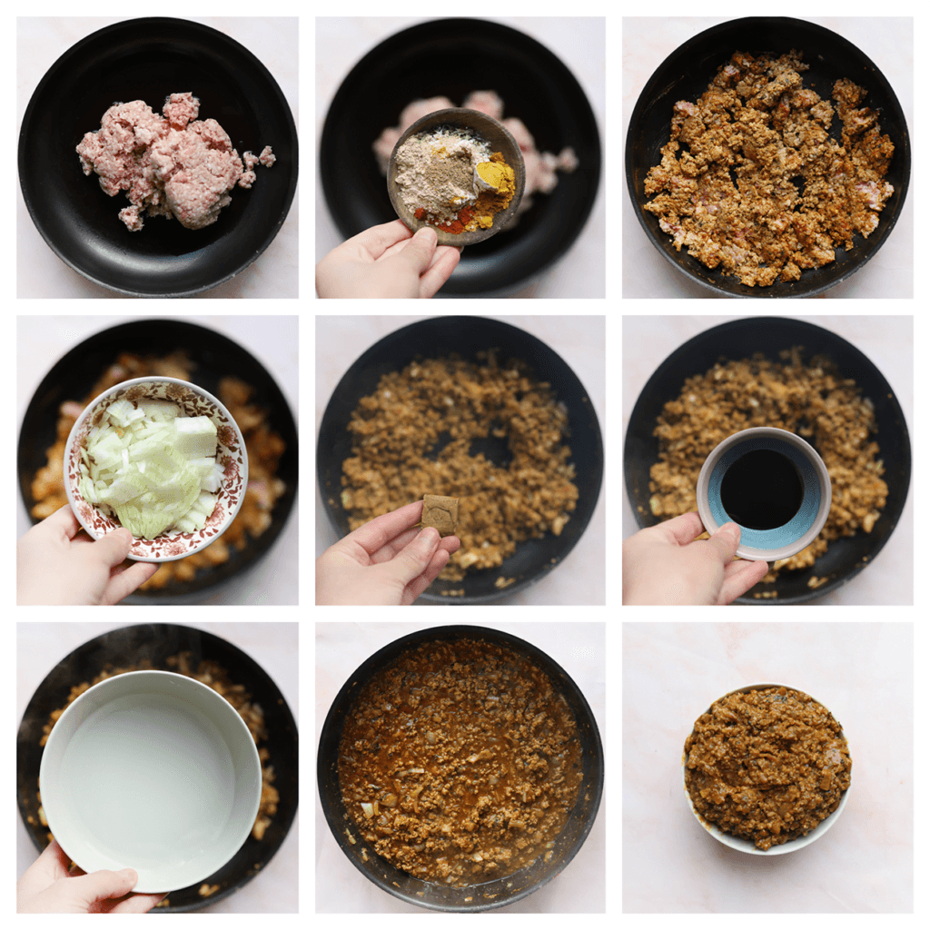 Verhit de olijfolie in een koekenpan op middelhoog vuur. Voeg het gehakt, paprikapoeder, de cayennepeper, zwarte peper, komijnpoeder, knoflookpoeder, uienpoeder, tijm, kaneelpoeder, kurkuma, garam masala en het zout toe. Bak 3-4 minuten. Voeg de gele ui toe en bak 4 minuten. Verkruimel het runderbouillonblokje boven de pan. Voeg de ketjap manis en het maïzenamengsel toe. Kook tot de saus is ingedikt. Haal de pan van het vuur en laat afkoelen. Schep het gehaktmengsel uit de pan.