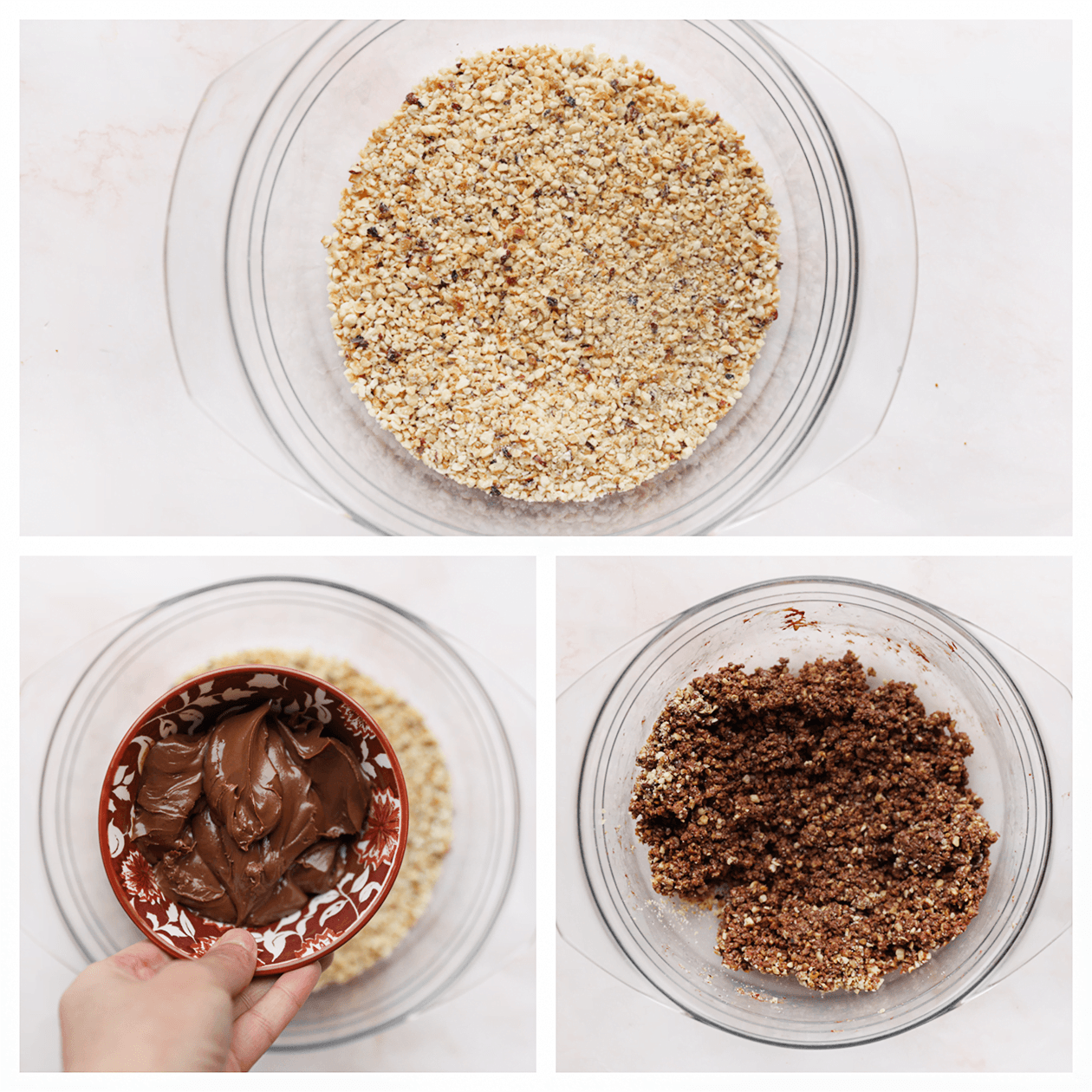 Gehakte hazelnoten mengen met nutella tot een geheel