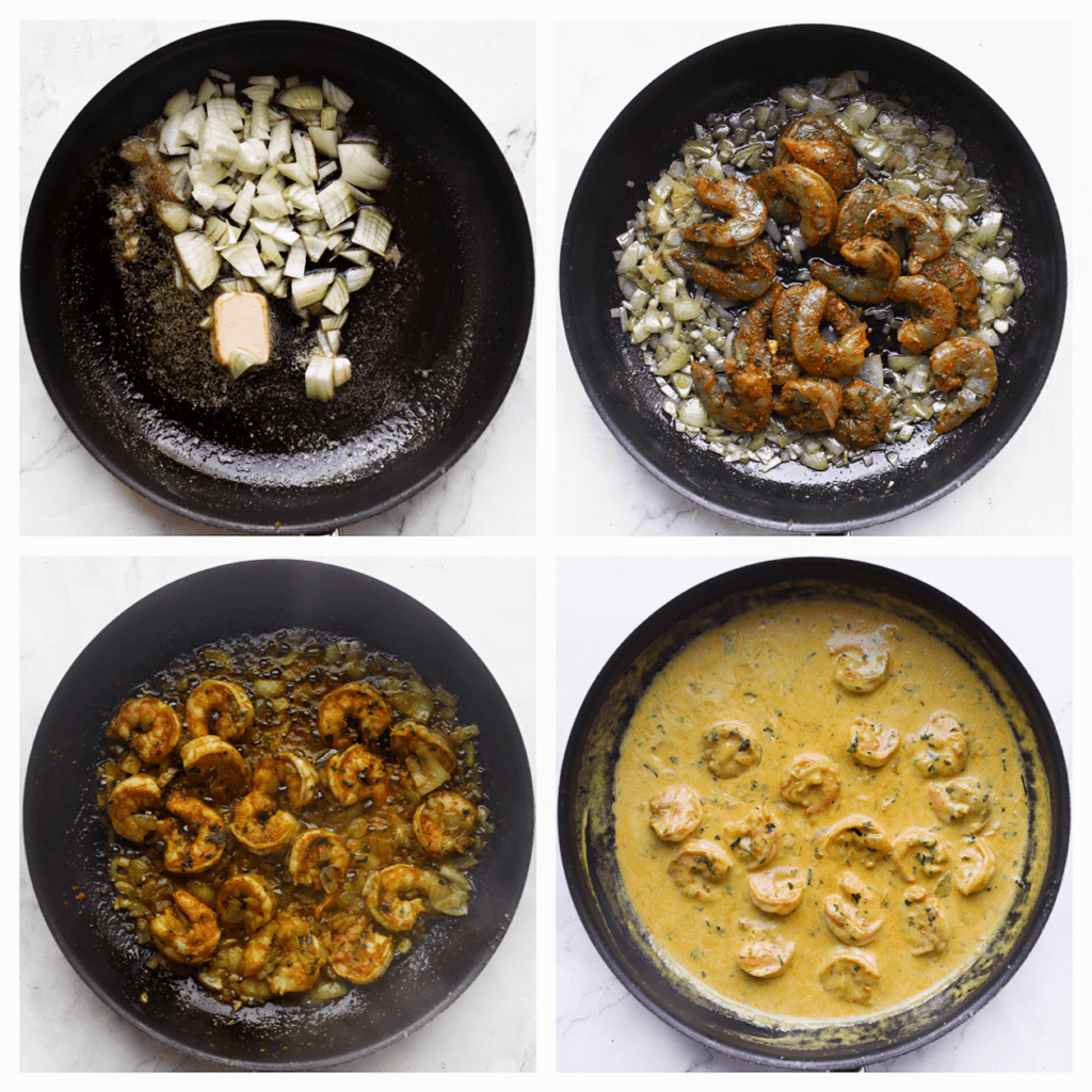 Verhit de roomboter in dezelfde koekenpan op middelhoog vuur. Voeg de gele ui toe en bak 3 minuten. Voeg de garnalen toe en bak 2-3 minuten. Voeg de ongeklopte slagroom toe en kook tot de saus goed is ingedikt (doe dit op hoog vuur, gebruik geen deksel en blijf er bij staan).