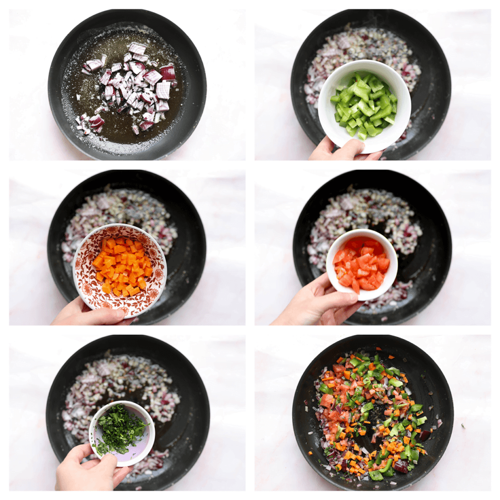 Verhit de roomboter samen met de olijfolie in een koekenpan op middelhoog vuur. Voeg de rode ui toe en bak 3 minuten. Voeg de groene paprika, wortel, tomaat en peterselie toe. Bak 2 minuten. Voeg de tomatenpuree, rijst en de kruidenmix toe, en verkruimel het kippenbouillonblokje boven de pan. Meng tot een geheel. Voeg het water toe en zet het vuur hoog. Wanneer het water borrelt, zet je het vuur laag. Kook, afgedekt, 10 minuten. Haal de pan van het vuur en laat 15-30 minuten staan (houd de deksel er wel op).